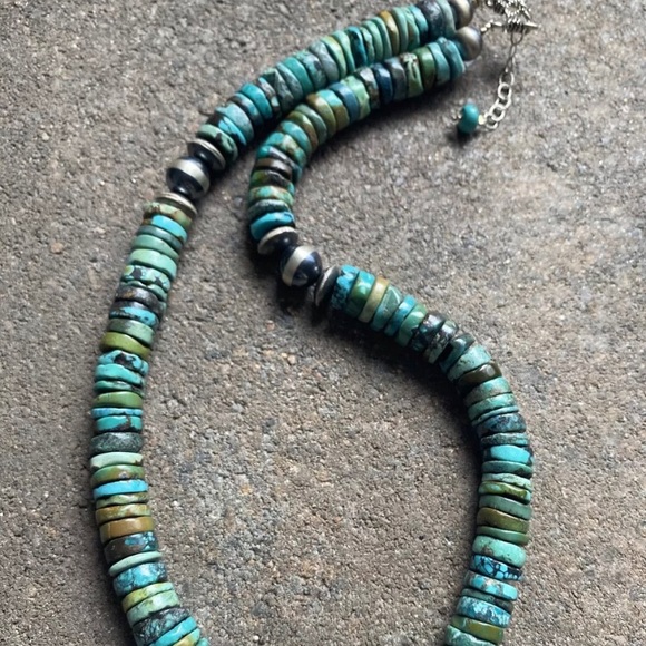 Sterling Silver Turquoise Heishi Bead Necklace. - Picture 3 of 12